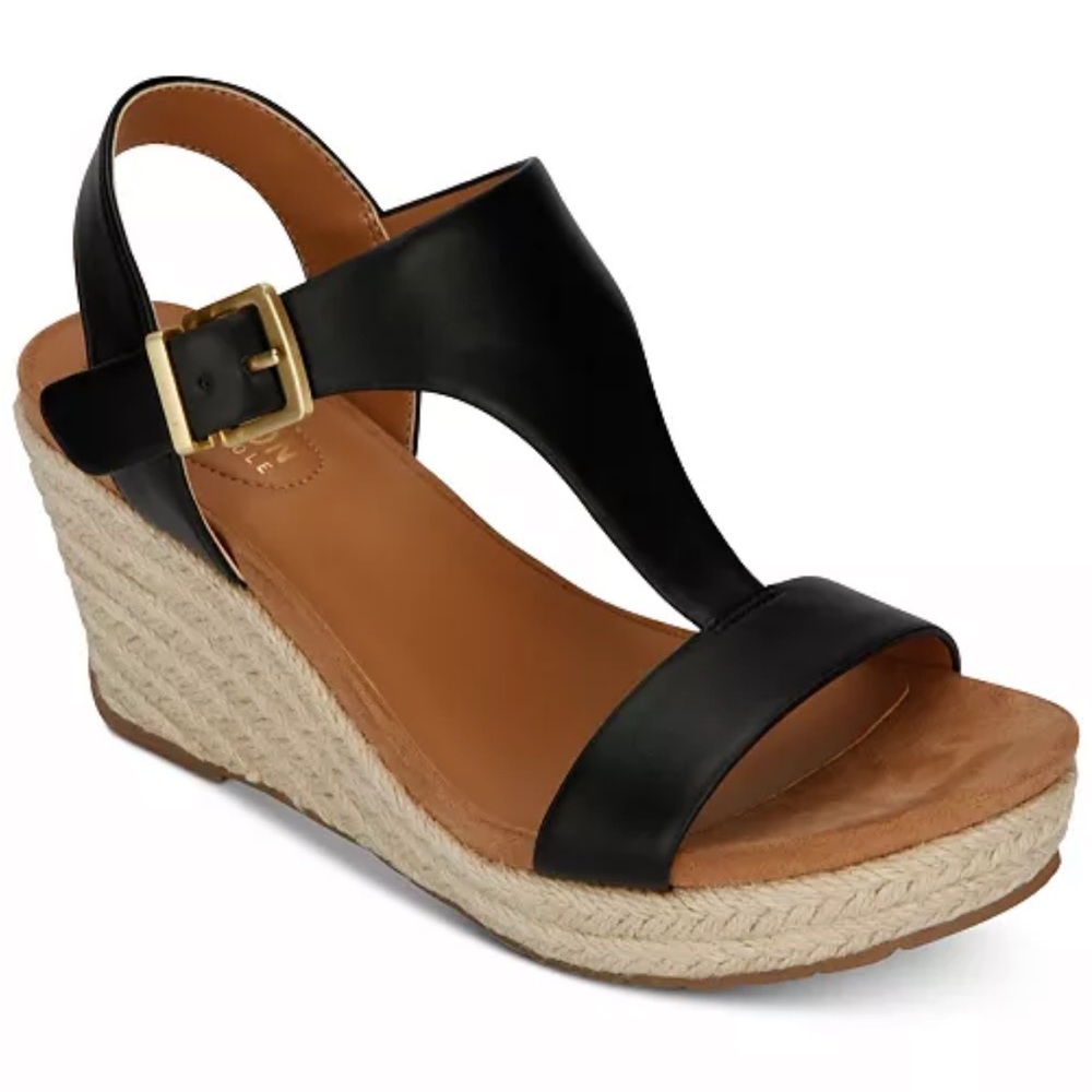 Kenneth Cole Reaction Black Leather Espadrille Wedge Sandals
